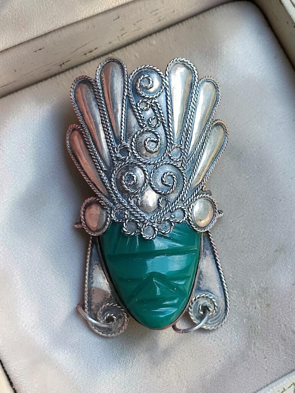 Large Vintage Sterling Silver Green Onyx Mayan Warrior Brooch